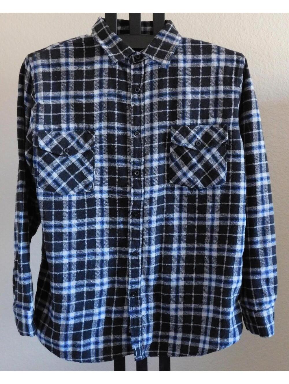Molokai Surf Co Flannel Shirt Mens Size L Gray Black Blue Plaid Button Front